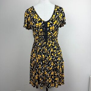 Yellow and Black Maeve Anthropologie Floral Mini Dress